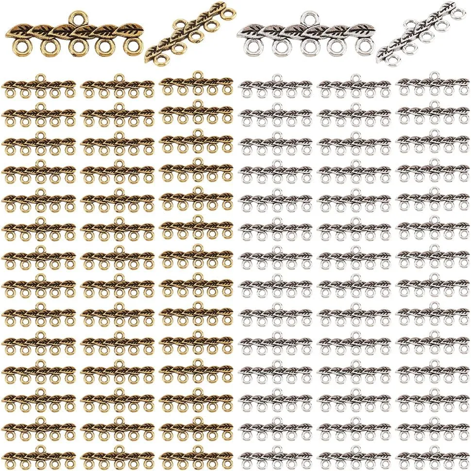 120 Pcs 2 Colors Alloy Multi Strand Slide Lock Clasps, 5-Strand Necklace Layering Clasps Leaf Pattern Chandelier Components Link Connectors for Layered Bracelet Necklace Jewelry