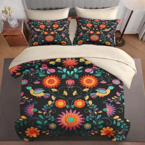 5 Pcs Comforter Set Twin Size, Colorful Mexican Flower Bed in a Bag with Flat Sheet and Fitted Sheet for Kids and Adults, Floral Leaves Retro Bedding Set with Pillowcase & Sham