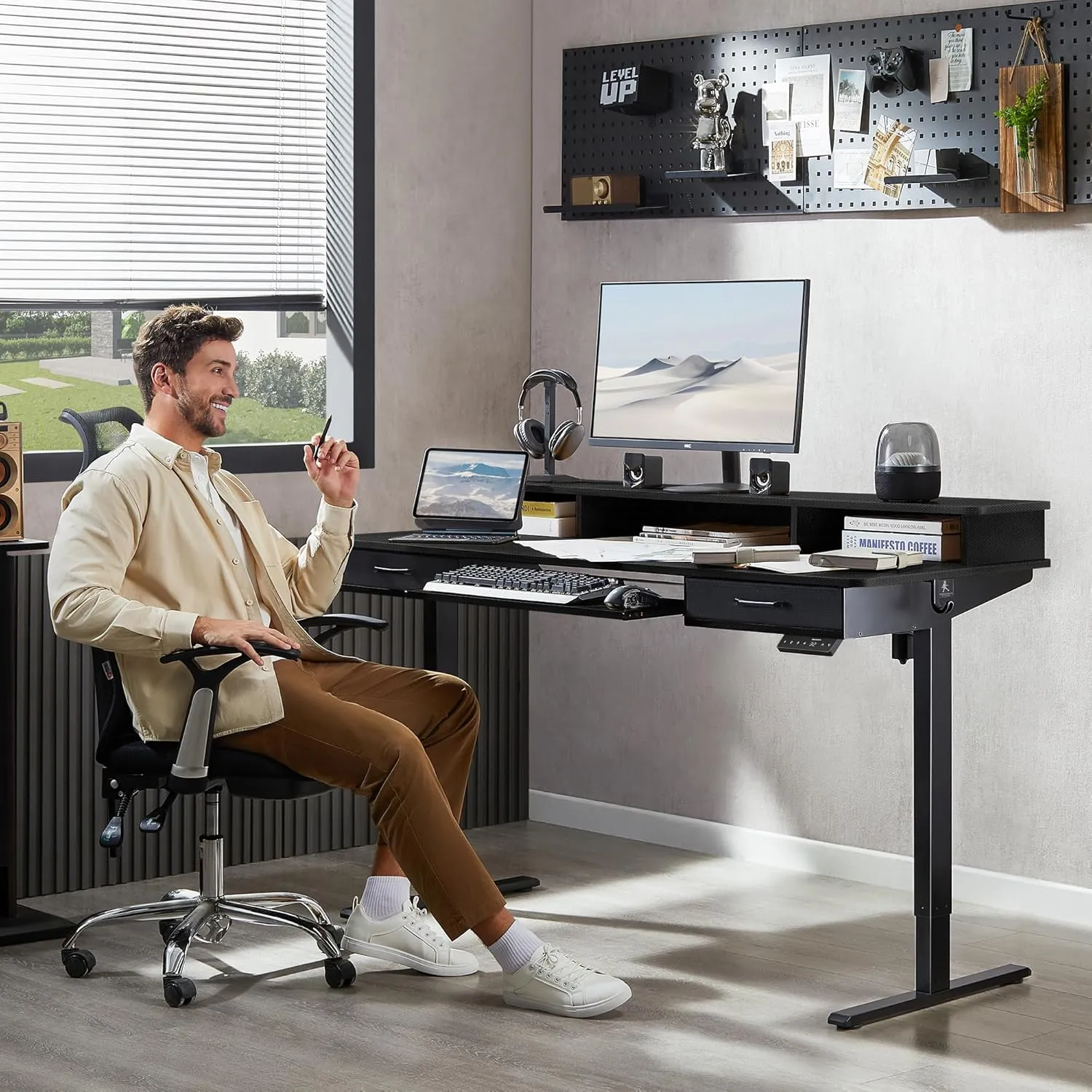55x24 Inches Electric Standing Desk with Keyboard Tray, Height Adjustable Stand up Desk with 2 Drawers, Ergonomic Sit to Stand Desk with Storage Monitor Stand, Computer Table, Black