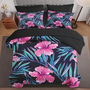 7 Pcs Comforter Set Queen Size, Floral Tropical Flower Bed in a Bag with Flat Sheet and Fitted Sheet for Kids and Adults, Palm Leaf Leaves Cool Bedding Set with Pillowcase & Sham