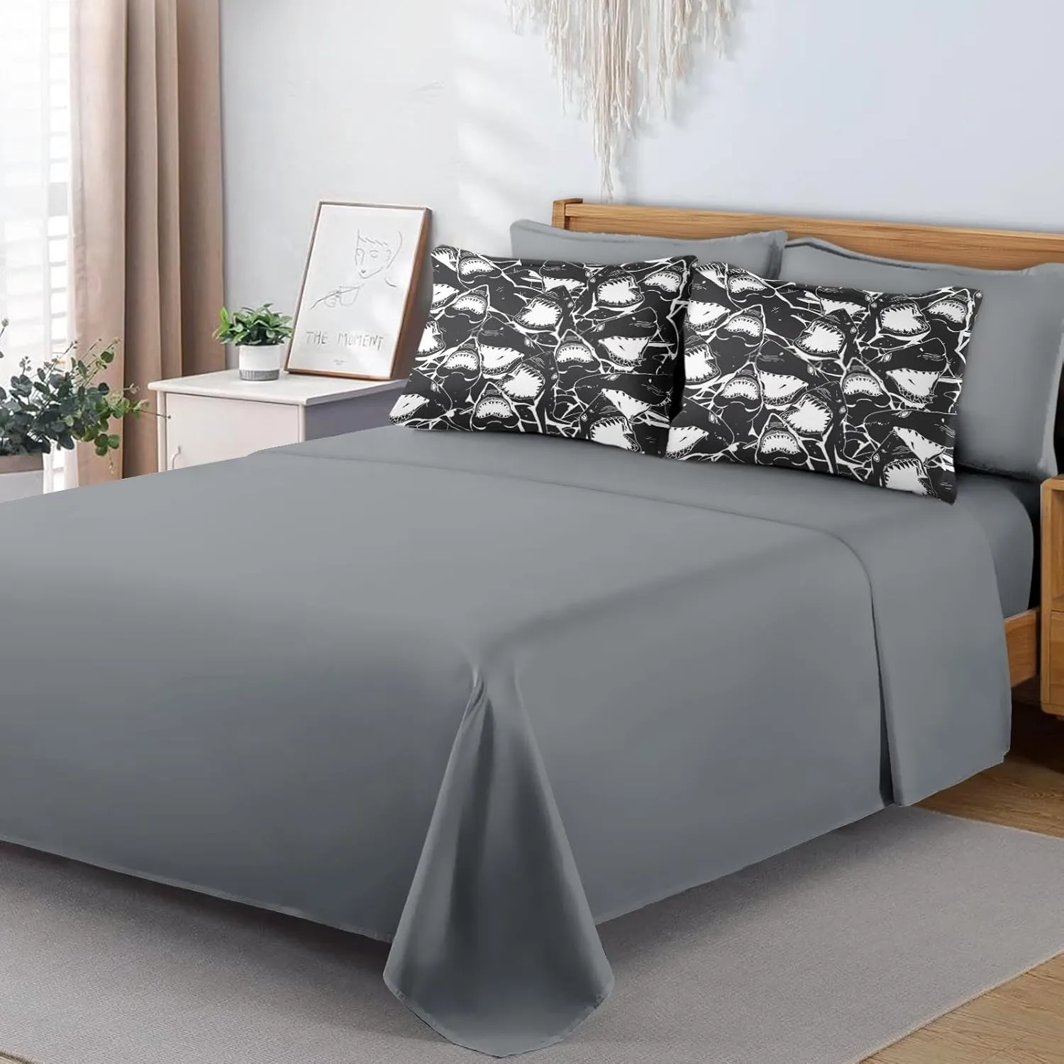 7 Pcs Comforter Set Queen Size, Shark Sea Fish Bed in a Bag with Flat and Fitted Sheet for Kids and Adults, Ocean Underwater Wildlife Bedding Set with 2 Pillowcases & 2 Shams