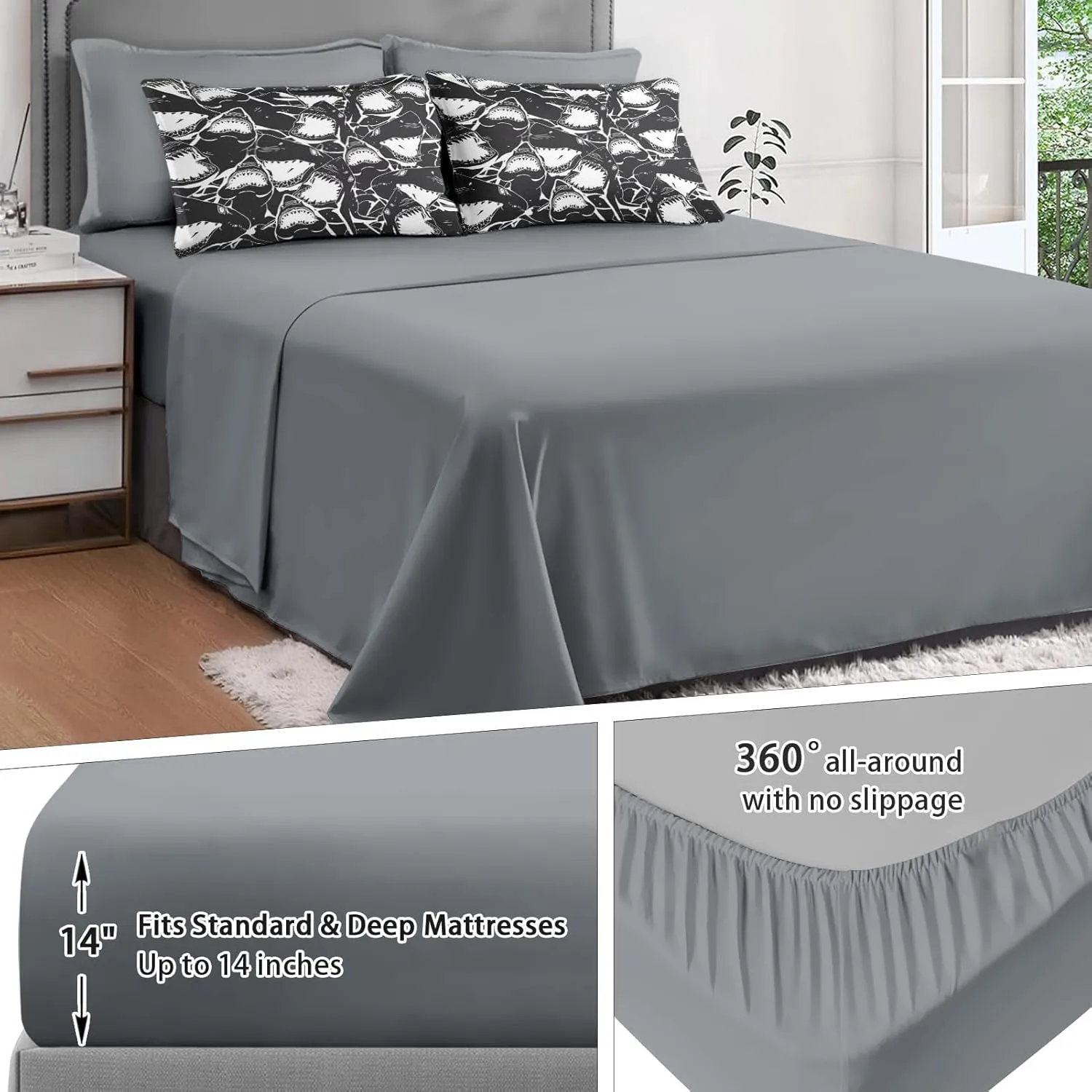 7 Pcs Comforter Set Queen Size, Shark Sea Fish Bed in a Bag with Flat and Fitted Sheet for Kids and Adults, Ocean Underwater Wildlife Bedding Set with 2 Pillowcases & 2 Shams