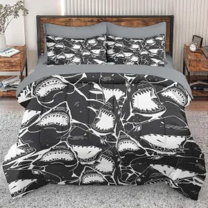 7 Pcs Comforter Set Queen Size, Shark Sea Fish Bed in a Bag with Flat and Fitted Sheet for Kids and Adults, Ocean Underwater Wildlife Bedding Set with 2 Pillowcases & 2 Shams
