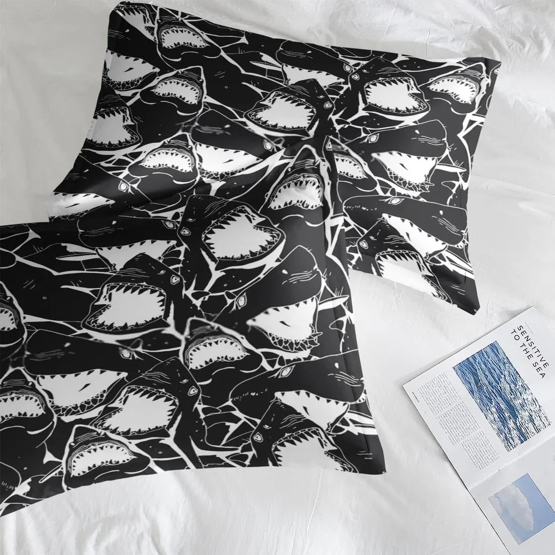 7 Pcs Comforter Set Queen Size, Shark Sea Fish Bed in a Bag with Flat and Fitted Sheet for Kids and Adults, Ocean Underwater Wildlife Bedding Set with 2 Pillowcases & 2 Shams