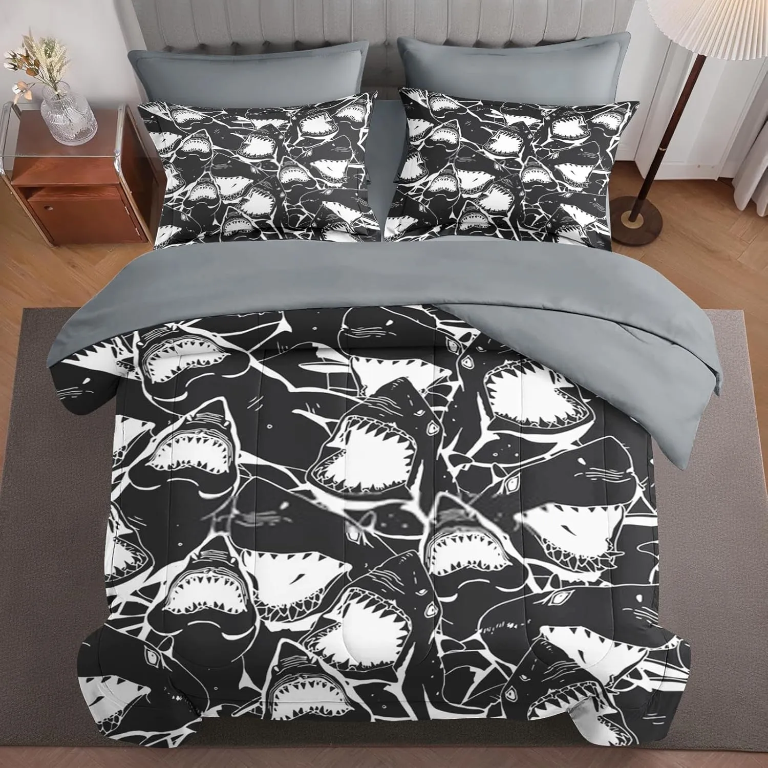 7 Pcs Comforter Set Queen Size, Shark Sea Fish Bed in a Bag with Flat and Fitted Sheet for Kids and Adults, Ocean Underwater Wildlife Bedding Set with 2 Pillowcases & 2 Shams