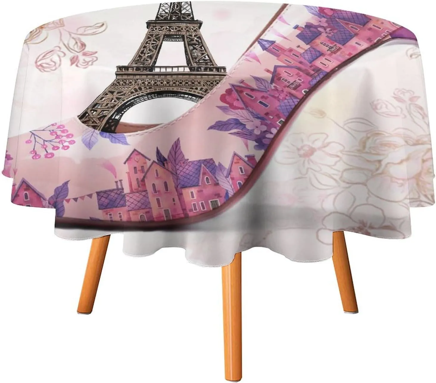 Abstract Paris Theme Eiffel Tower Tablecloths Round 60Inch Washable,Rustic Spring Garden Flower Lavender High Heels Tablecloths for Kitchen Dining Room Round Table Cloth
