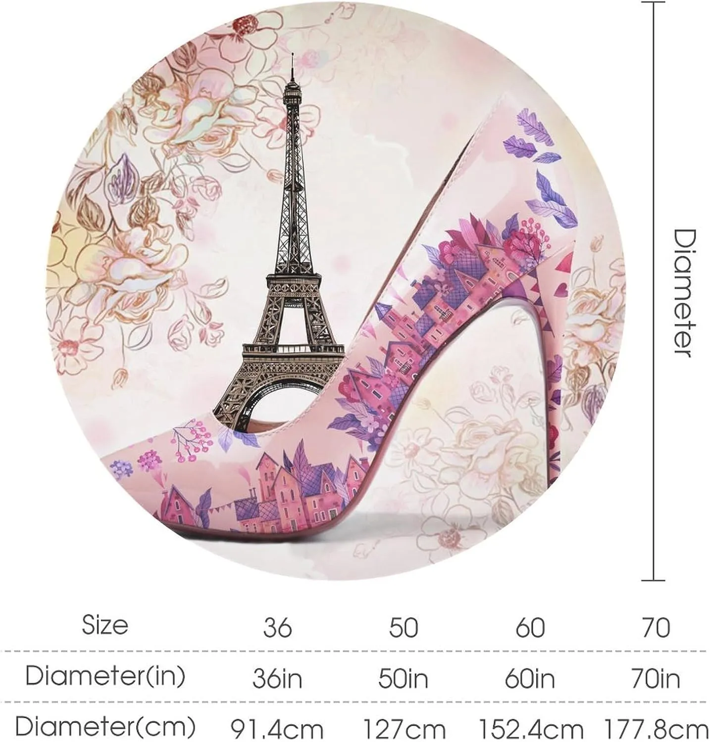 Abstract Paris Theme Eiffel Tower Tablecloths Round 60Inch Washable,Rustic Spring Garden Flower Lavender High Heels Tablecloths for Kitchen Dining Room Round Table Cloth