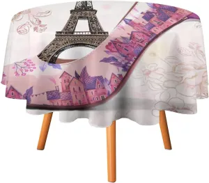 Abstract Paris Theme Eiffel Tower Tablecloths Round 60Inch Washable,Rustic Spring Garden Flower Lavender High Heels Tablecloths for Kitchen Dining Room Round Table Cloth