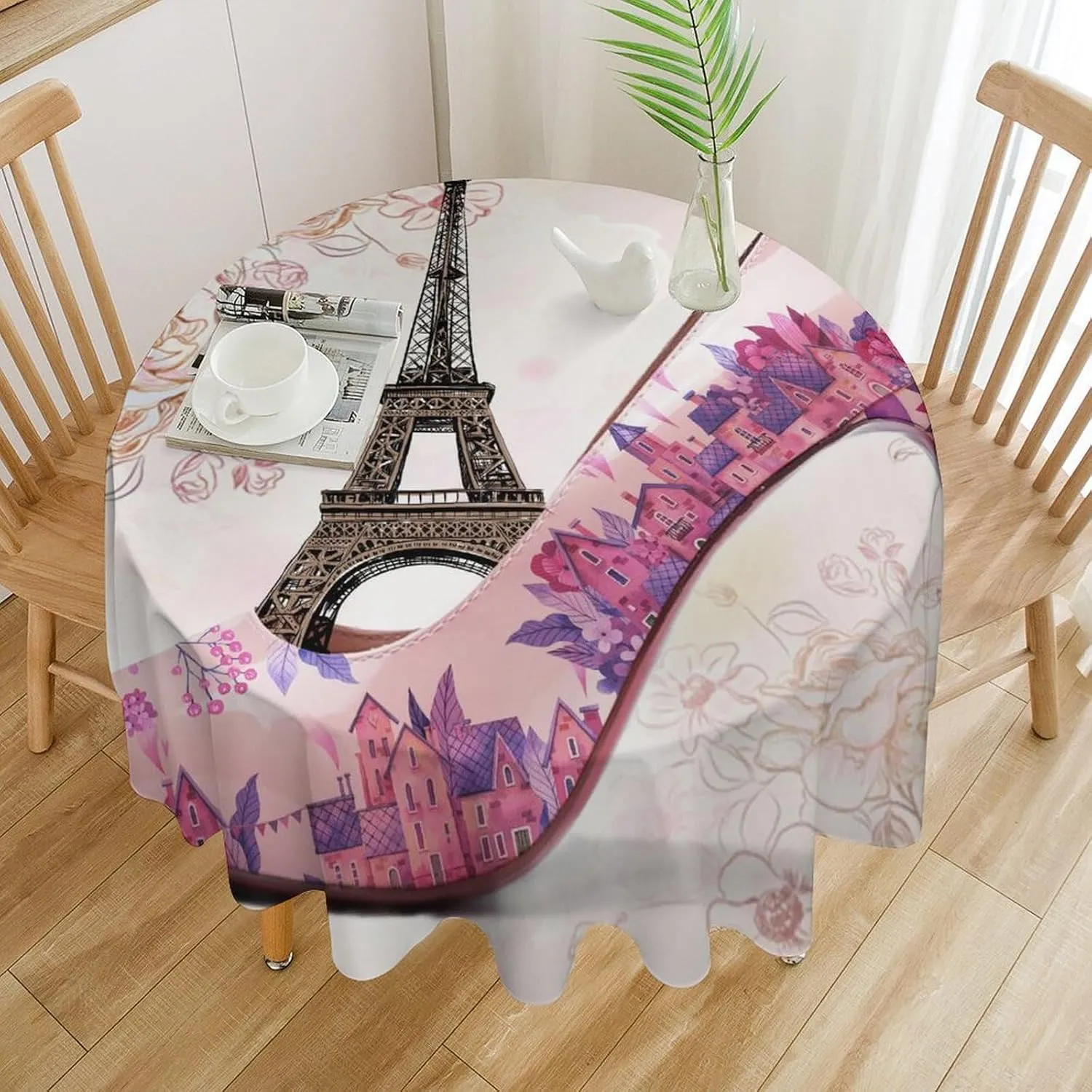 Abstract Paris Theme Eiffel Tower Tablecloths Round 60Inch Washable,Rustic Spring Garden Flower Lavender High Heels Tablecloths for Kitchen Dining Room Round Table Cloth