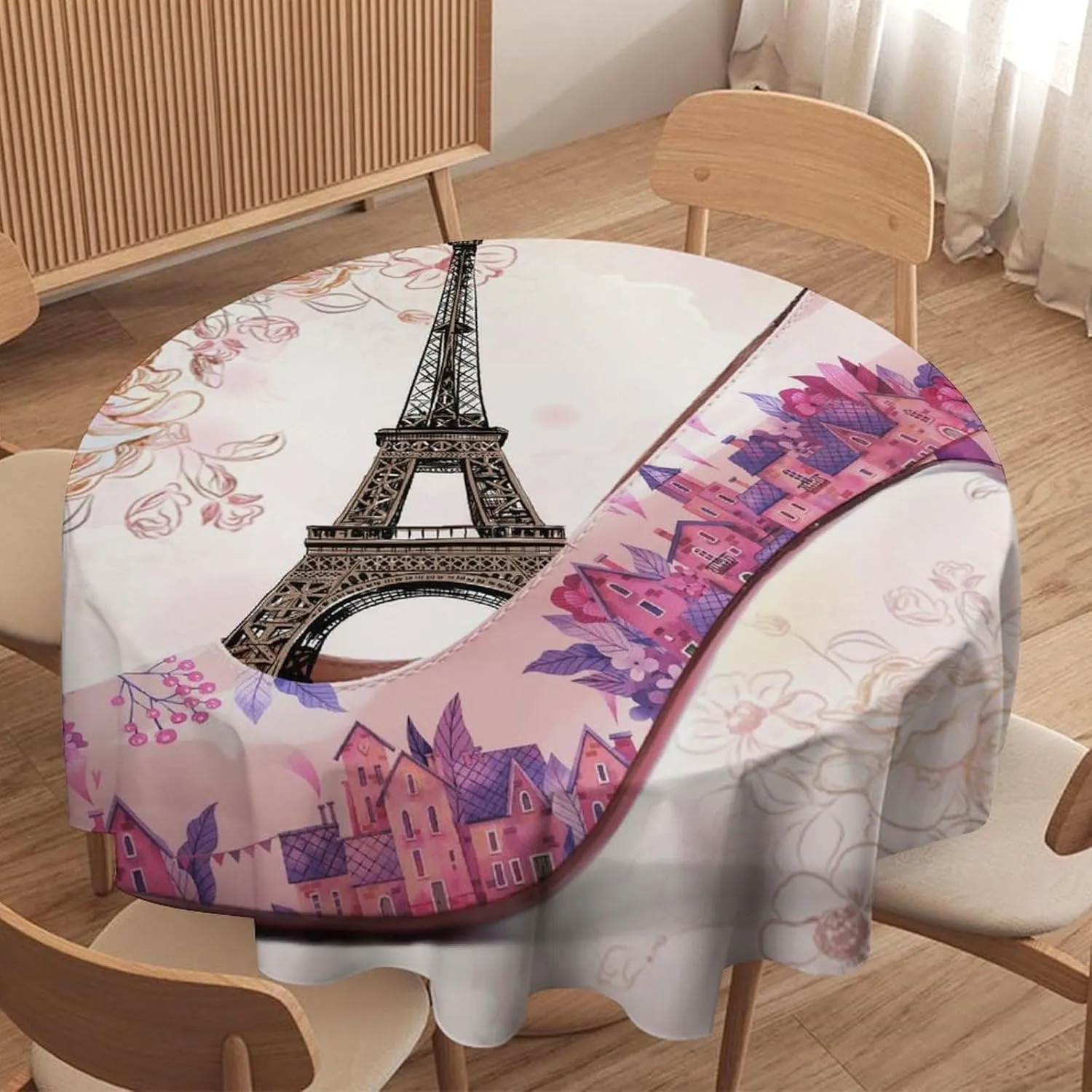 Abstract Paris Theme Eiffel Tower Tablecloths Round 60Inch Washable,Rustic Spring Garden Flower Lavender High Heels Tablecloths for Kitchen Dining Room Round Table Cloth