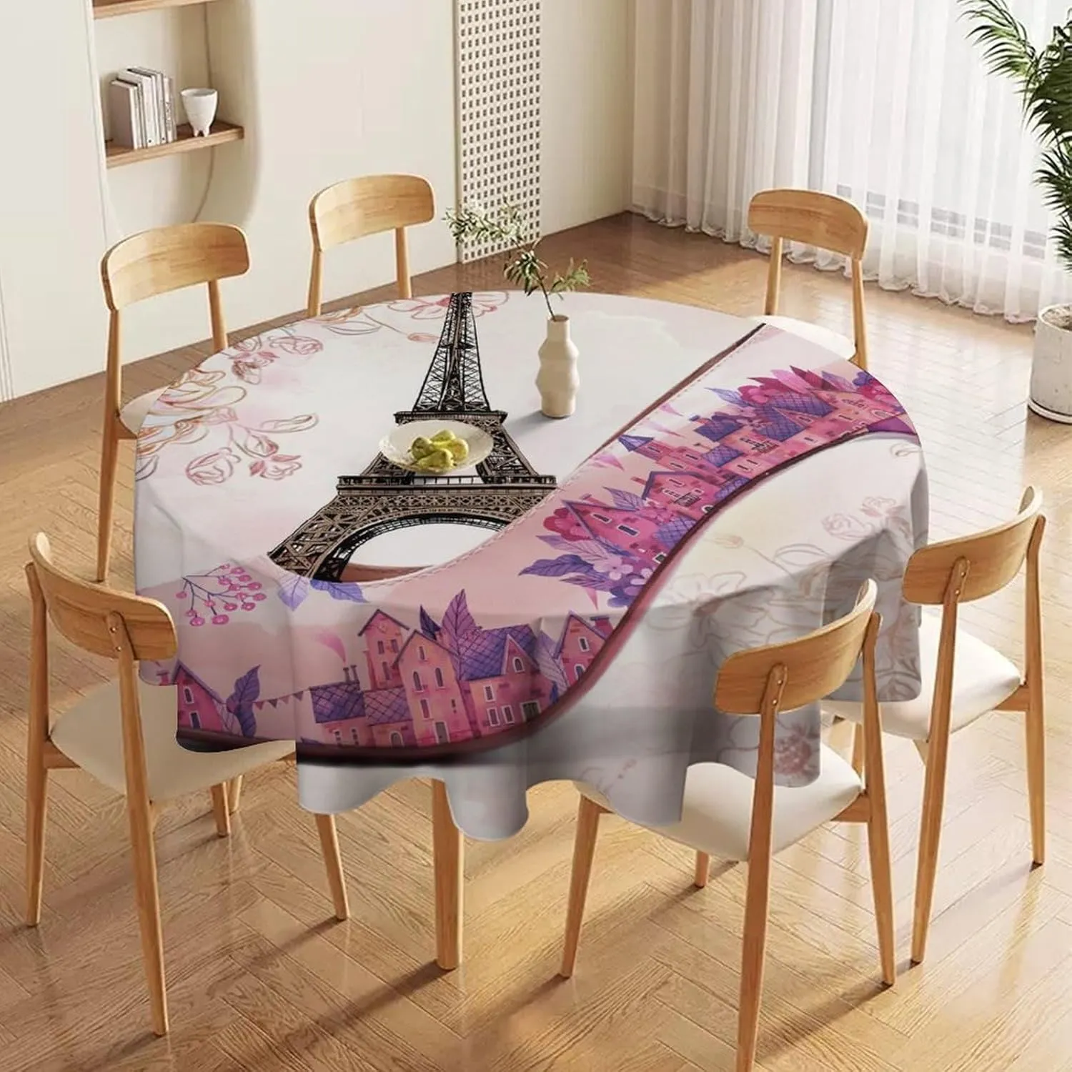 Abstract Paris Theme Eiffel Tower Tablecloths Round 60Inch Washable,Rustic Spring Garden Flower Lavender High Heels Tablecloths for Kitchen Dining Room Round Table Cloth