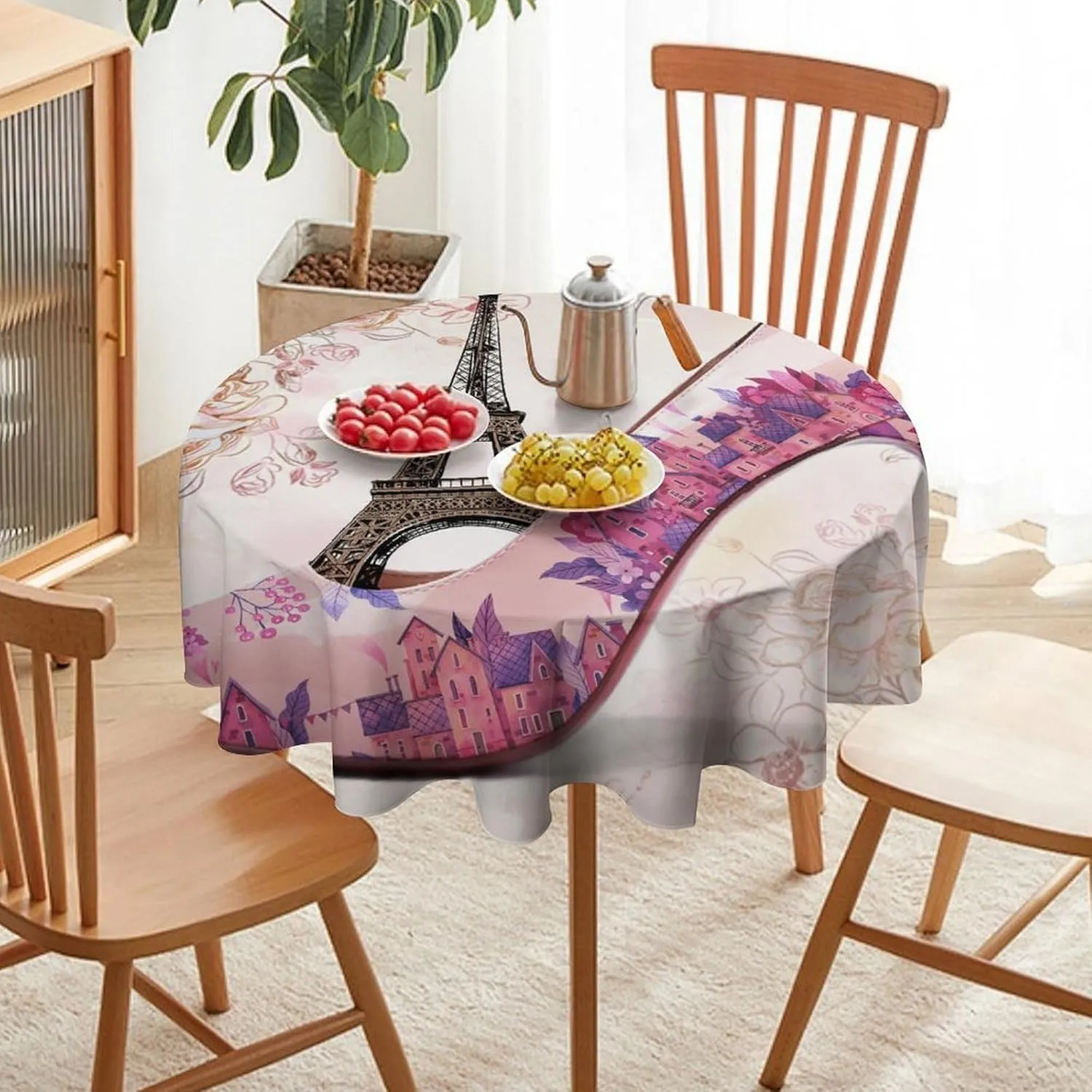 Abstract Paris Theme Eiffel Tower Tablecloths Round 60Inch Washable,Rustic Spring Garden Flower Lavender High Heels Tablecloths for Kitchen Dining Room Round Table Cloth