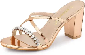 Allegra K Women's Crisscross Strap Rhinestone Block Heel Slide Sandals
