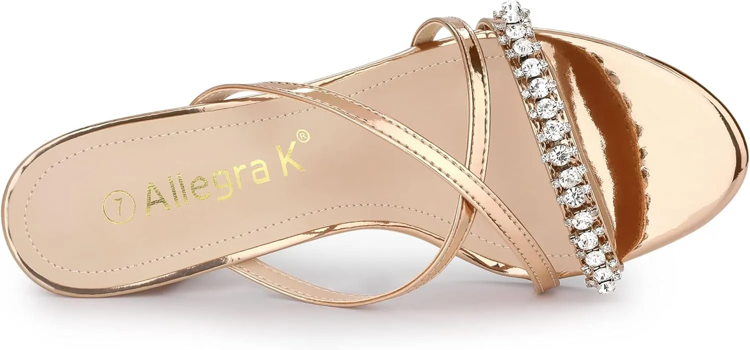 Allegra K Women's Crisscross Strap Rhinestone Block Heel Slide Sandals