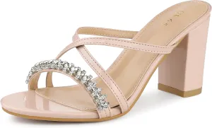 Allegra K Women's Crisscross Strap Rhinestone Block Heel Slide Sandals