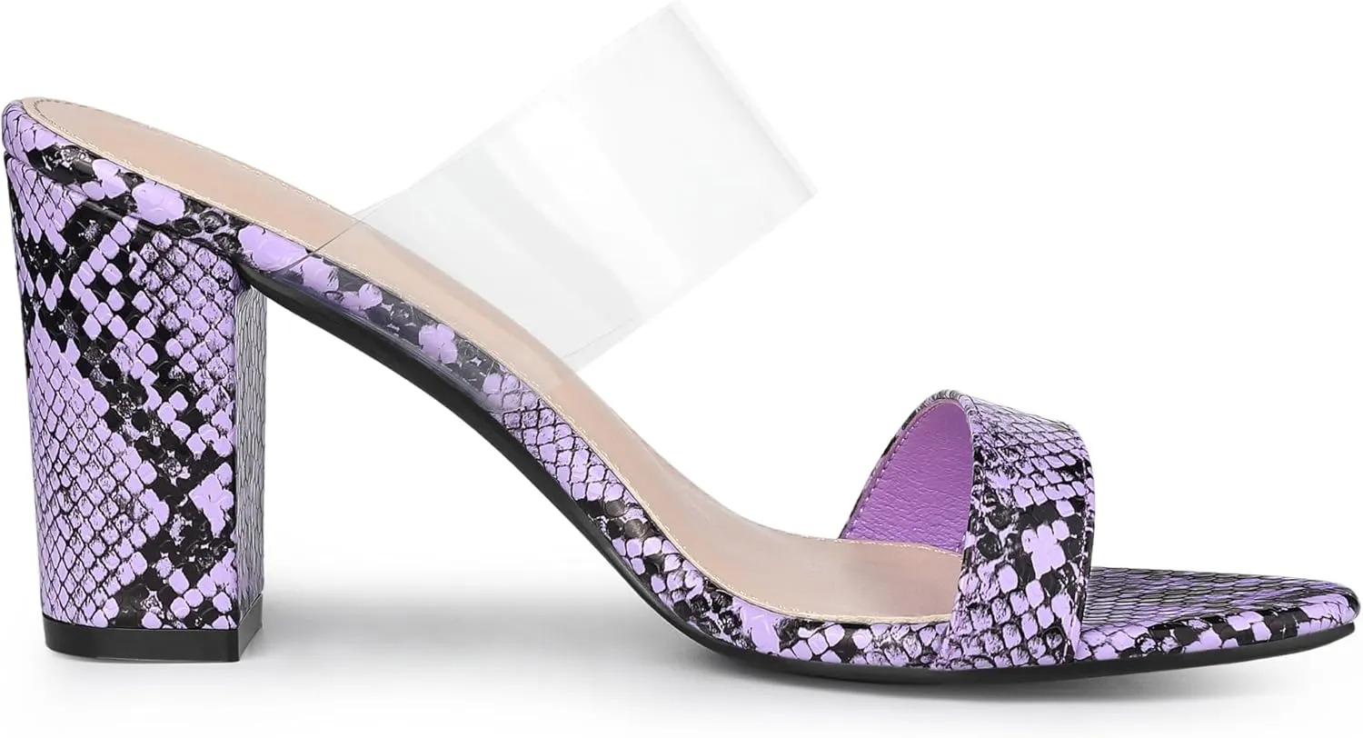 Allegra K Women's Snake Print Block Heel Snakeskin Heels Slide Sandals