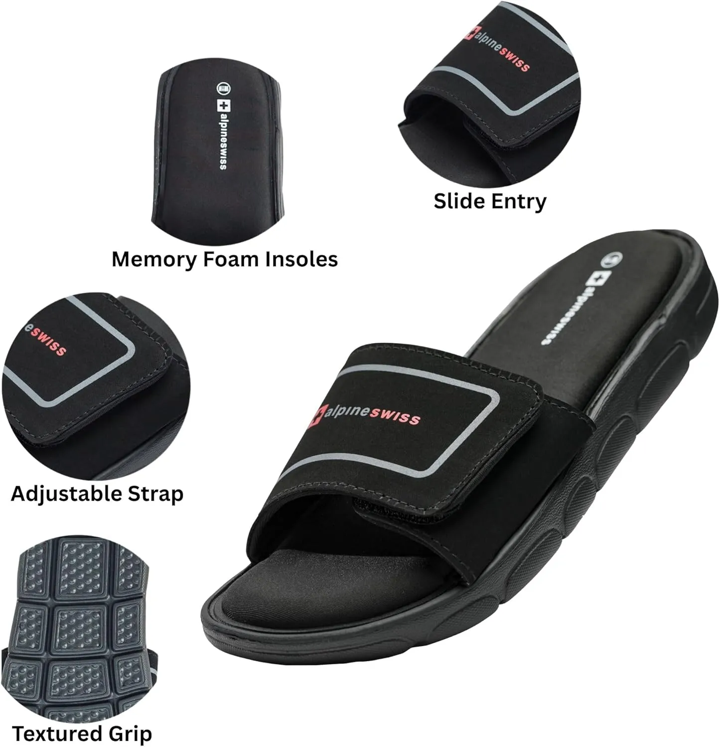 Alpine Swiss Gabe Mens Slide Sandals Shock-absorbing foam Insole for Arch Support Adjustable Strap Athletic Sandals Anti-Slip Traction EVA Foam Outsoles