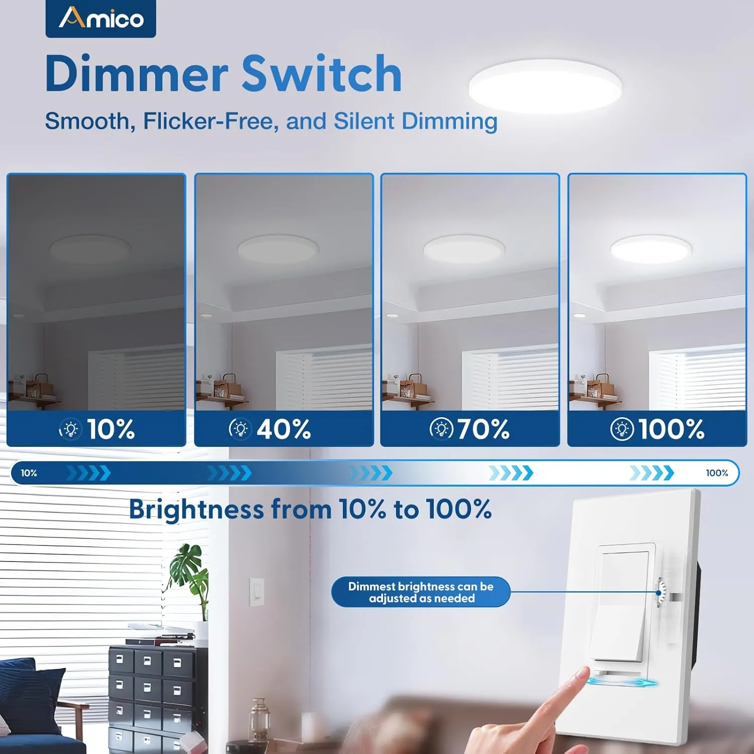 Amico 6 Pack Dimmer Light Switch, Single-Pole or 3-Way Slide Dimmer Switches for Led Lights, Suitable for 150W Dimmable LED/CFL Lights and 600W Incandescent/Halogen, Wall Plate Included, White