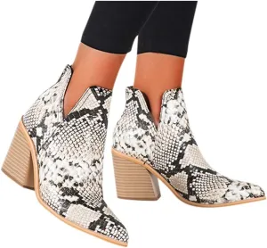 Ankle Booties for Women V Cut,Ankle Boots Pointed Toe Slip On Side Cutout Solid Color Chunky Block Stacked Mid Heel Booties