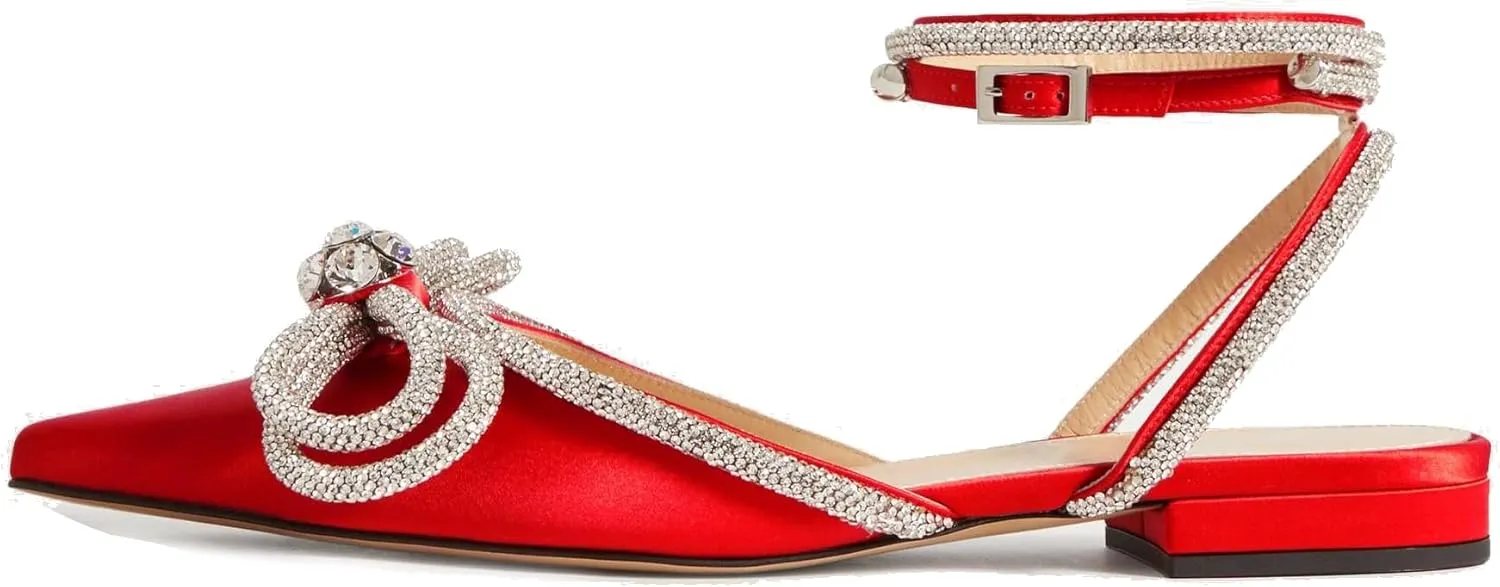 Arqa Double Bow Crystal Embellished Flats Women's Rhinestone Ankle Straps Ballet Flat Pointed Toe Bows Ballerina Shoes