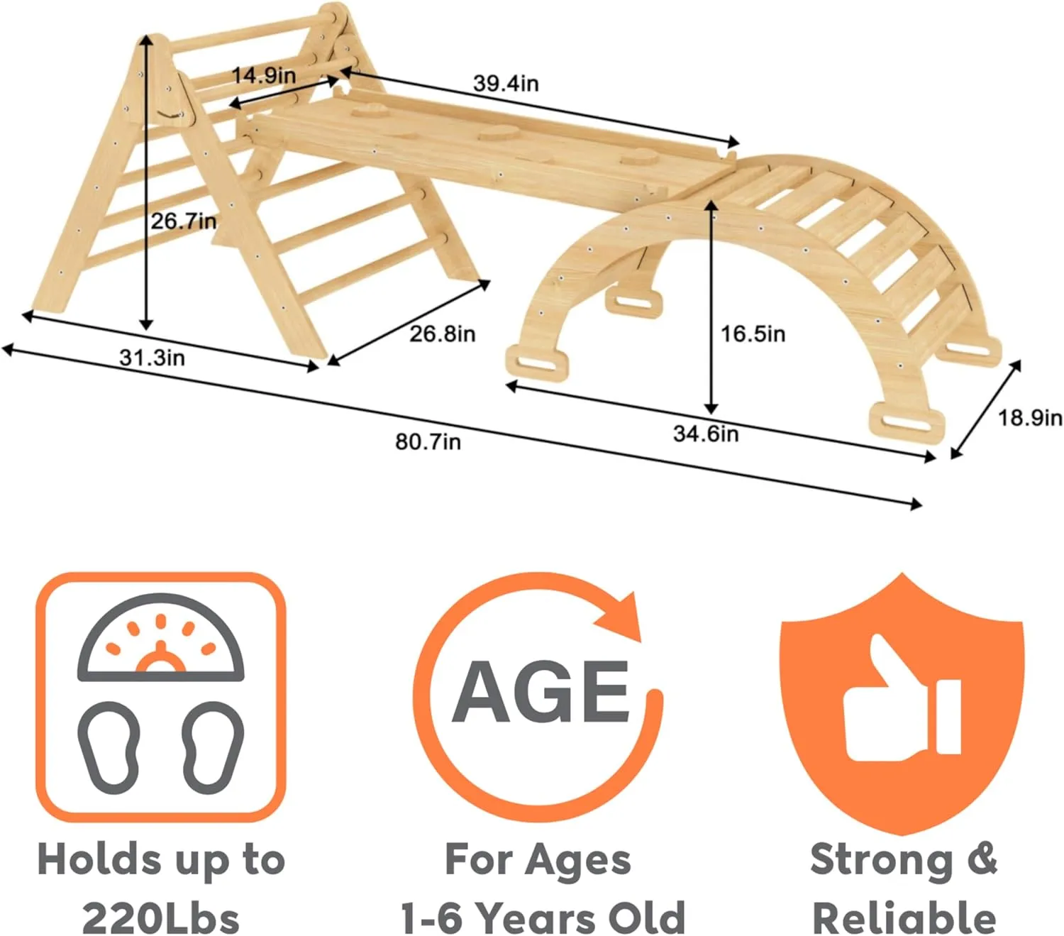 Avenlur Hazel 5-in-1 Indoor Climbing Gym - Waldorf and Montessori Climbing Set with Triangle Ladder, Climbing Ramp, Arch Climber, Rocker, and Slide - Montessori Toys for Children 18mo to 7yr (Natural)