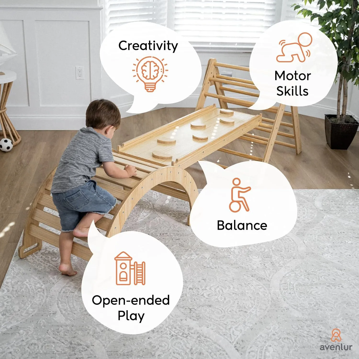 Avenlur Hazel 5-in-1 Indoor Climbing Gym - Waldorf and Montessori Climbing Set with Triangle Ladder, Climbing Ramp, Arch Climber, Rocker, and Slide - Montessori Toys for Children 18mo to 7yr (Natural)