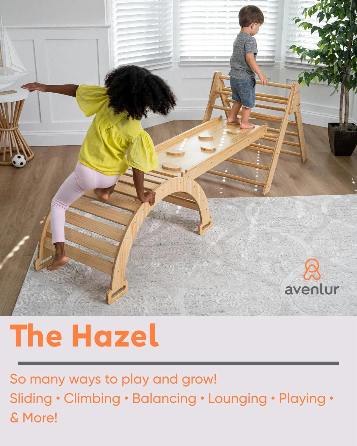Avenlur Hazel 5-in-1 Indoor Climbing Gym - Waldorf and Montessori Climbing Set with Triangle Ladder, Climbing Ramp, Arch Climber, Rocker, and Slide - Montessori Toys for Children 18mo to 7yr (Natural)