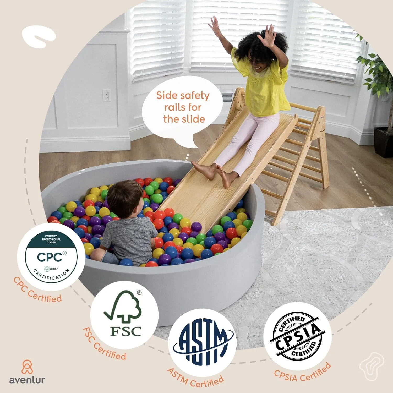 Avenlur Hazel 5-in-1 Indoor Climbing Gym - Waldorf and Montessori Climbing Set with Triangle Ladder, Climbing Ramp, Arch Climber, Rocker, and Slide - Montessori Toys for Children 18mo to 7yr (Natural)