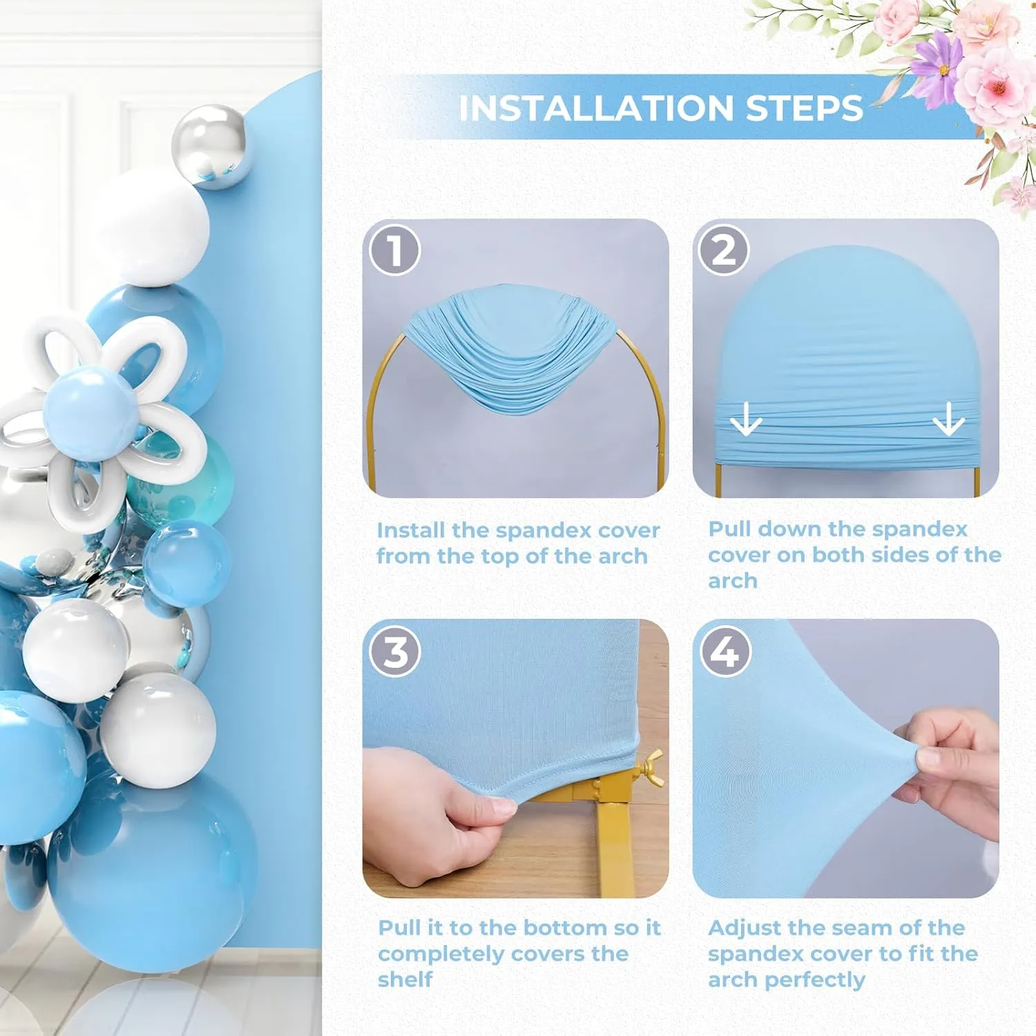 Babenest Baby Blue Wedding Arch Cover Set of 3, Spandex FittedArch Backdrop Cover for Photo, Round Top Chiara Stand Cover for Party Birthday Baby Shower Background Decoration（6FT/6.6FT/7.2FT）