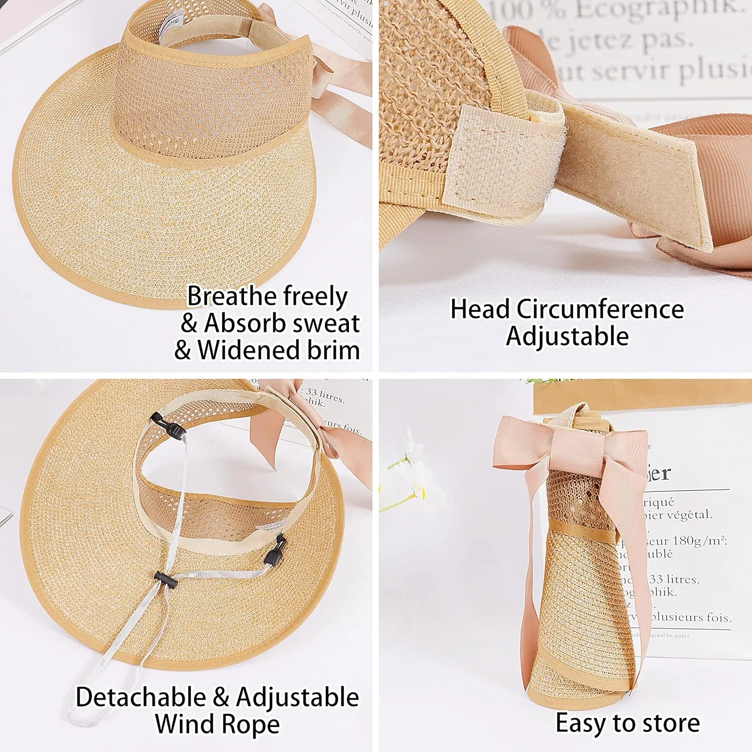 Bienvenu Little Girl Straw Hat Roll Up Sun Hat Packable Sun Visor for Kids Beach Hat