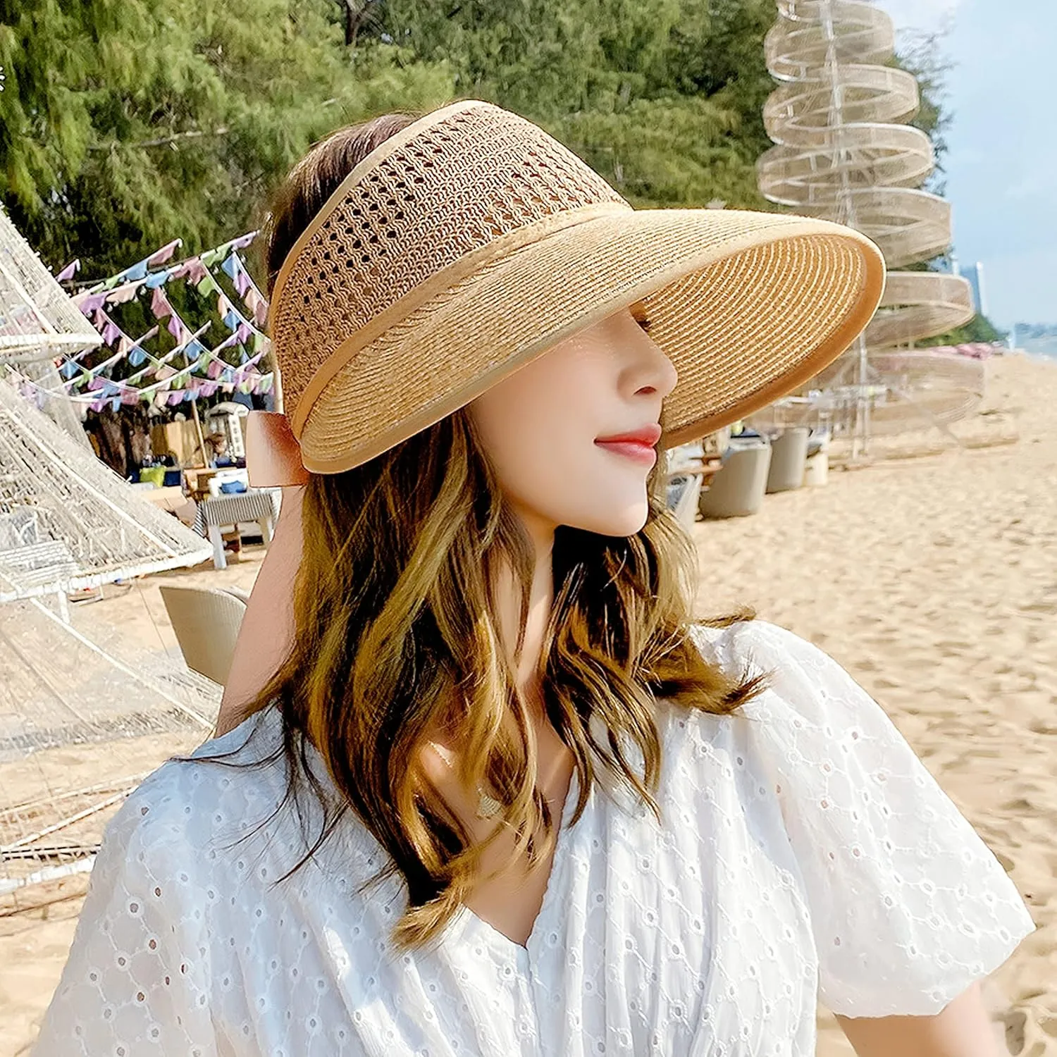 Bienvenu Little Girl Straw Hat Roll Up Sun Hat Packable Sun Visor for Kids Beach Hat