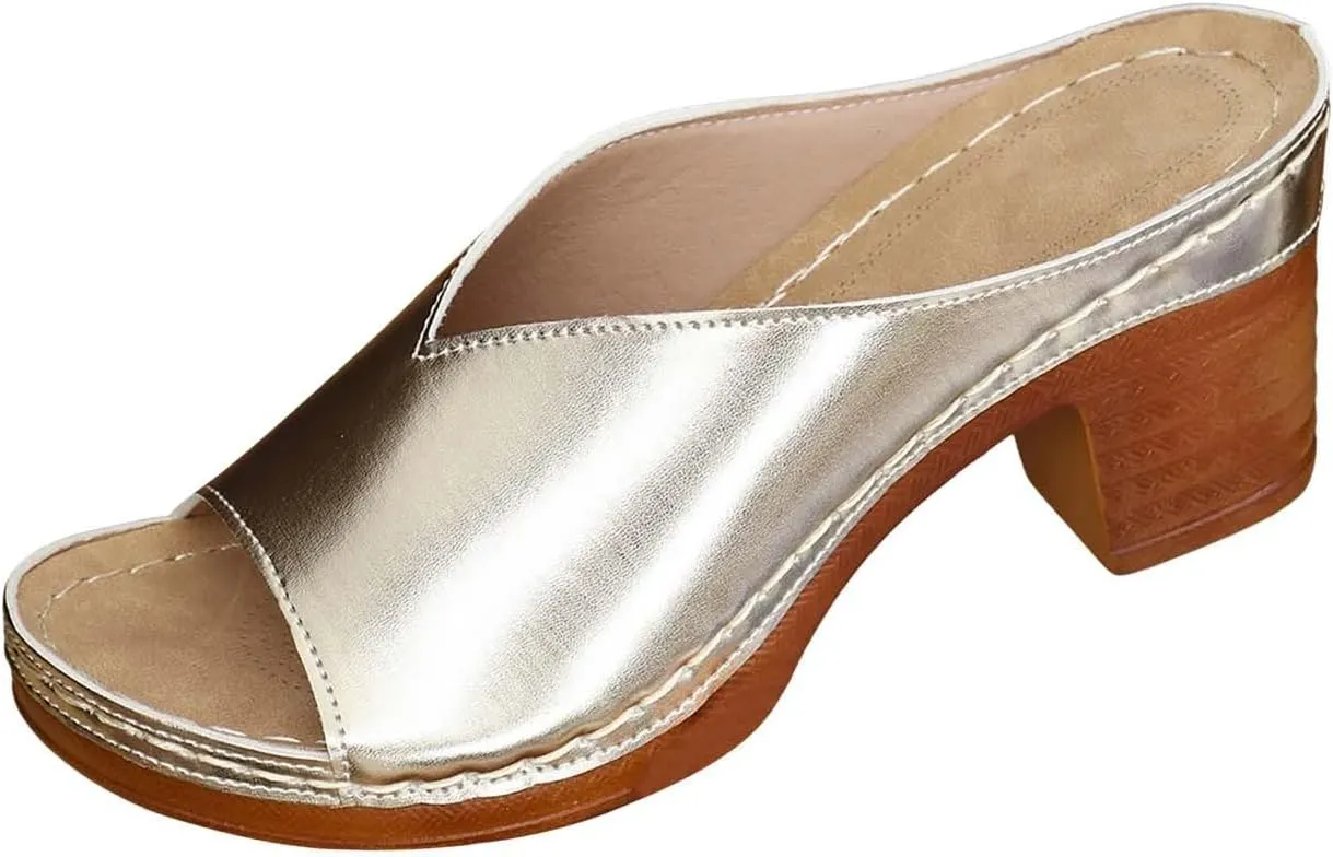 BILIKEYU Womens Stacked Chunky Heel Platform Sandals Open Toe V Cut Wide Strap Slip on Slide Comfortable High Heel Beach Sandal