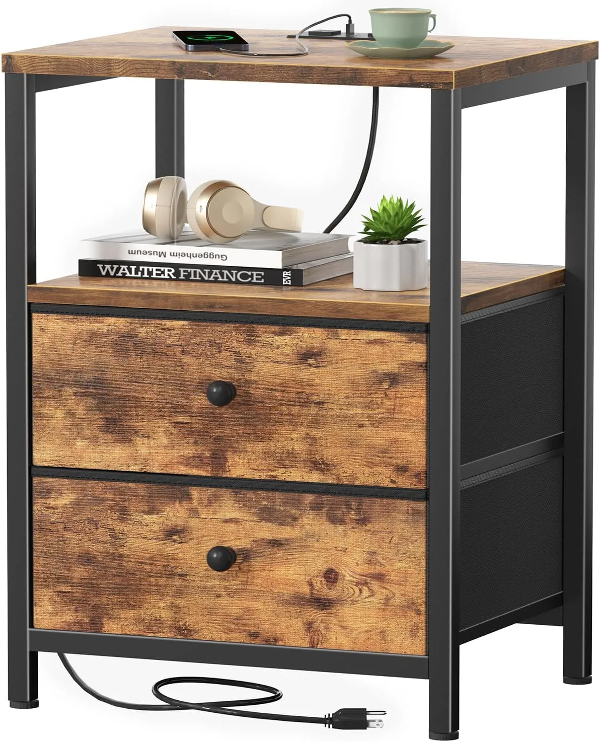 BOLUO Brown Nightstand with Charging Station, LED Night Stand with 2 Fabric Drawers, Bedside Table with USB Ports and Outlets, Nightstand for Bedroom Rustic