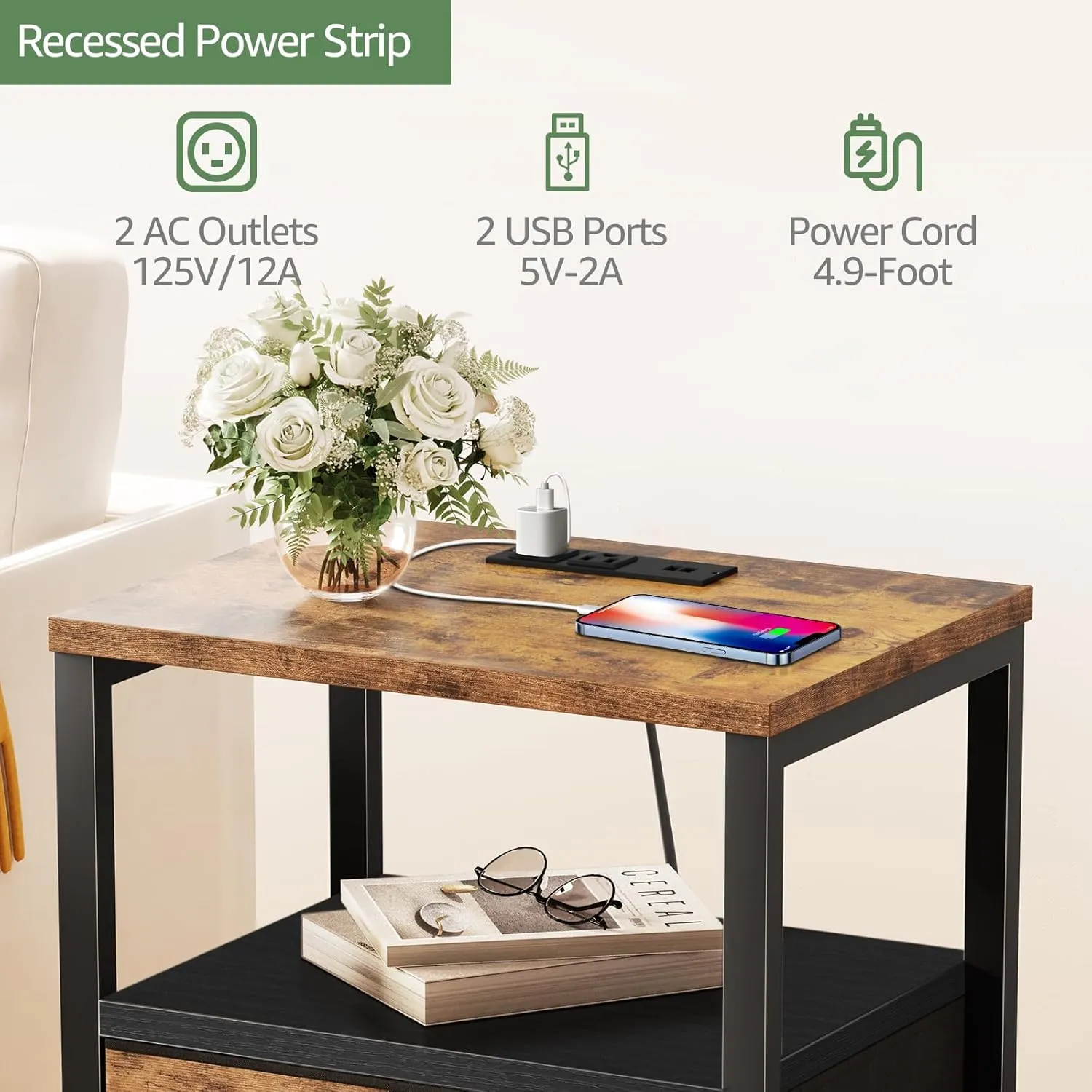 BOLUO Brown Nightstand with Charging Station, LED Night Stand with 2 Fabric Drawers, Bedside Table with USB Ports and Outlets, Nightstand for Bedroom Rustic