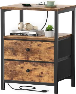BOLUO Brown Nightstand with Charging Station, LED Night Stand with 2 Fabric Drawers, Bedside Table with USB Ports and Outlets, Nightstand for Bedroom Rustic