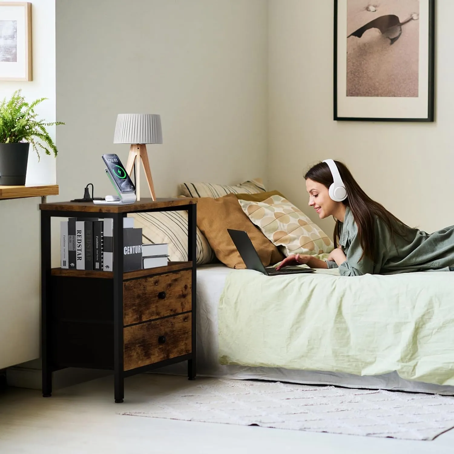 BOLUO Brown Nightstand with Charging Station, LED Night Stand with 2 Fabric Drawers, Bedside Table with USB Ports and Outlets, Nightstand for Bedroom Rustic