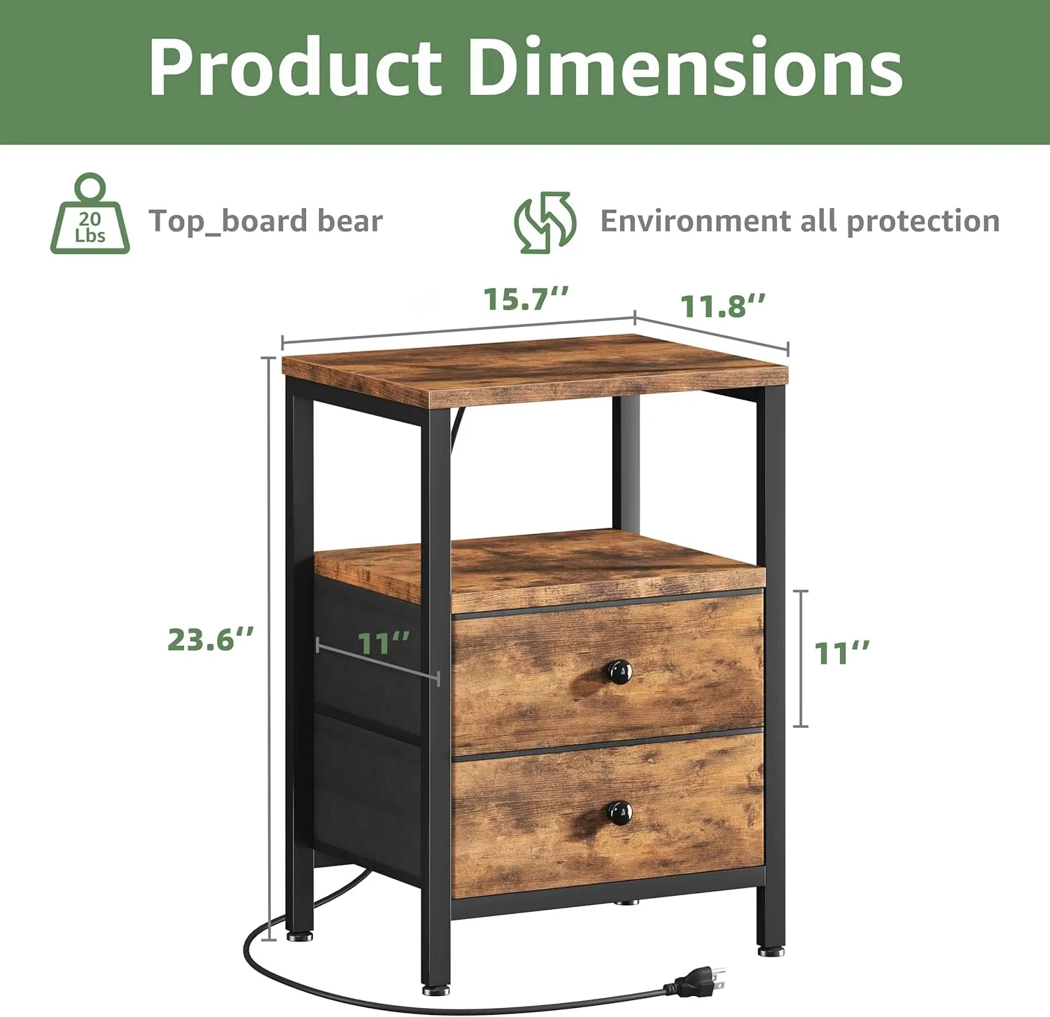 BOLUO Brown Nightstand with Charging Station, LED Night Stand with 2 Fabric Drawers, Bedside Table with USB Ports and Outlets, Nightstand for Bedroom Rustic