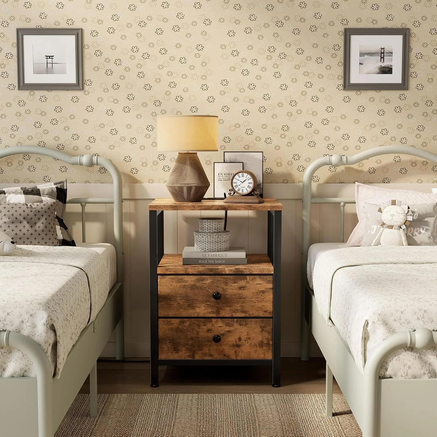 BOLUO Brown Nightstand with Charging Station, LED Night Stand with 2 Fabric Drawers, Bedside Table with USB Ports and Outlets, Nightstand for Bedroom Rustic
