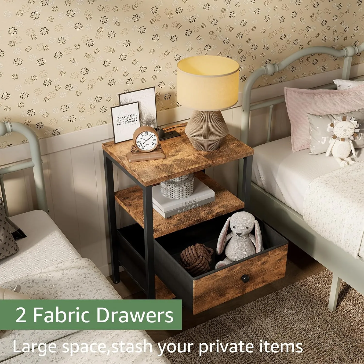 BOLUO Brown Nightstand with Charging Station, LED Night Stand with 2 Fabric Drawers, Bedside Table with USB Ports and Outlets, Nightstand for Bedroom Rustic
