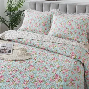 Brandream Full Size Shabby Chic Floral Quilt Set Cotton Bedspread Farmhouse Quilted Comforter Sets 3-Piece