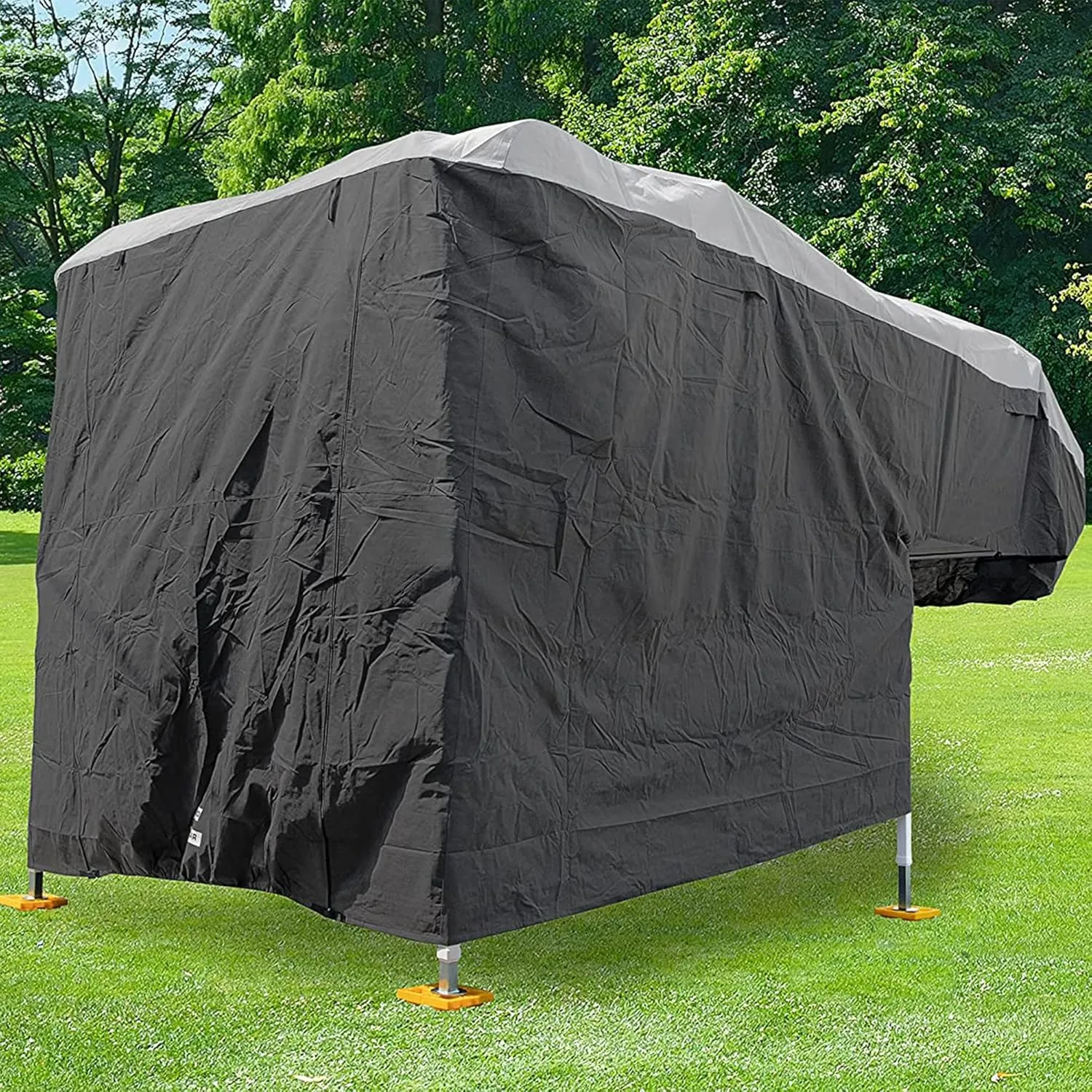 Camco ULTRAGuard Camper/RV Cover | Fits Slide-In Campers Up to 19' 8" | Features Zipper Entry Doors & Covered Air Vents | Crafted of Polypropylene | Storage Bag for RV Storage and Organization (45773)