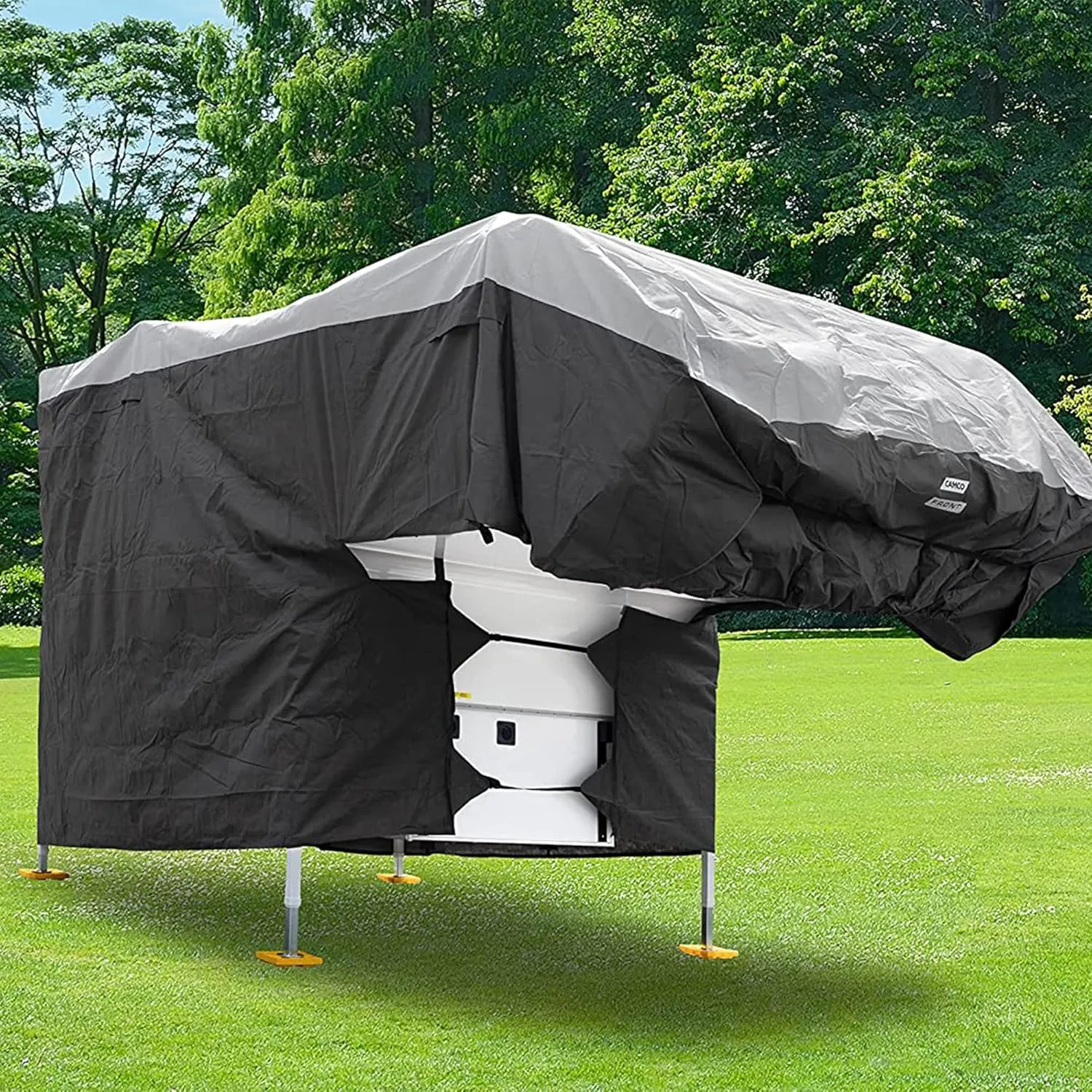 Camco ULTRAGuard Camper/RV Cover | Fits Slide-In Campers Up to 19' 8" | Features Zipper Entry Doors & Covered Air Vents | Crafted of Polypropylene | Storage Bag for RV Storage and Organization (45773)