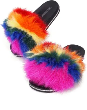 Cape Robbin Casino Red Multi Color Flat Slip-on Sandals Furry Mules Slides