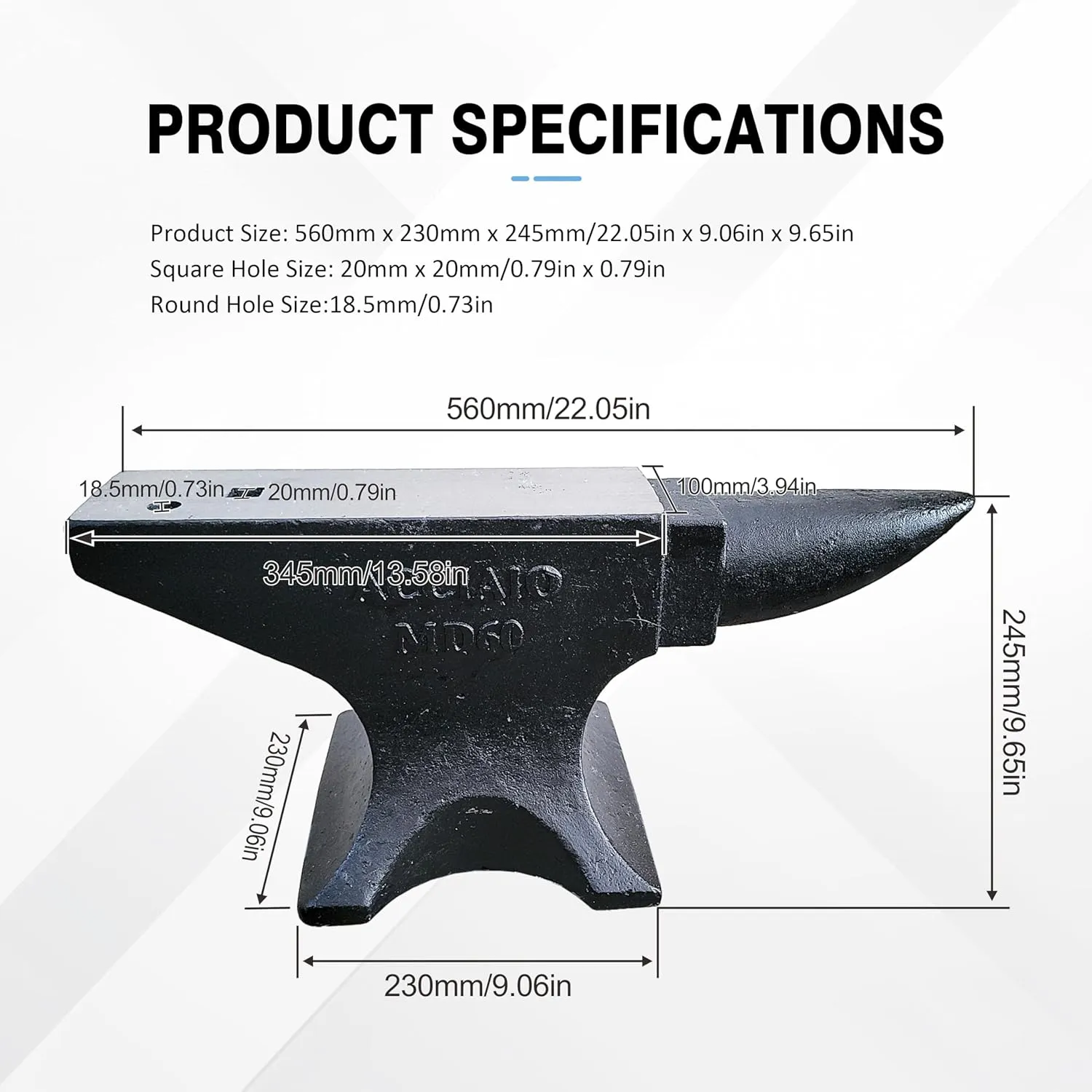 Cast Steel Anvil, 132Lbs High Hardness Rugged Single Horn Anvil, Large Countertop and Stable Base, with Round and Square Hole, Metalsmith Tool for Bending and Shaping