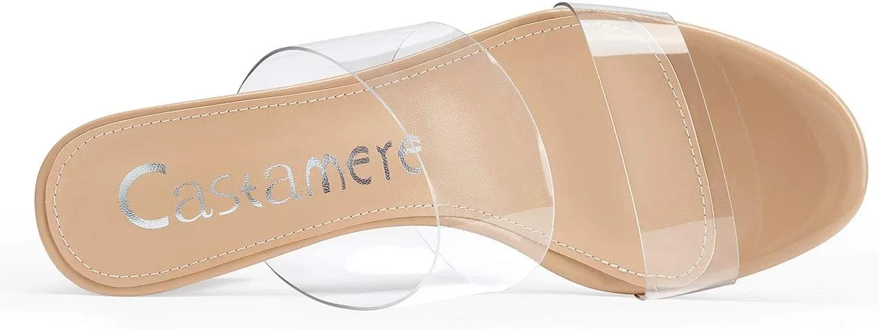 Castamere Womens Chunky Block Mid Heels Sandals Slip On Transparent Ankle Strap Open Toe 5CM Heeled Sandal