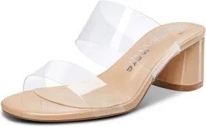 Castamere Womens Chunky Block Mid Heels Sandals Slip On Transparent Ankle Strap Open Toe 5CM Heeled Sandal