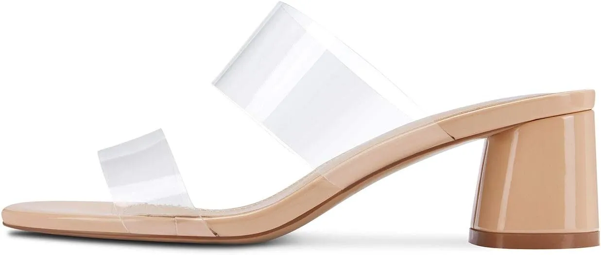 Castamere Womens Chunky Block Mid Heels Sandals Slip On Transparent Ankle Strap Open Toe 5CM Heeled Sandal