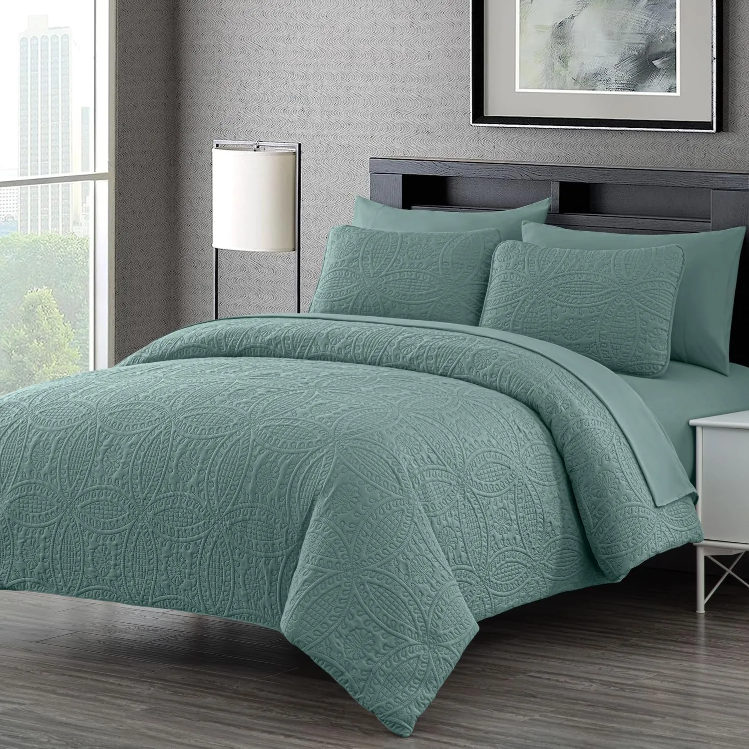 Chezmoi Collection Liam Spa Blue King Size Bed in a Bag Comforter Set - 7 Pieces Coin Pattern Lightweight Comforter with Bed Sheets, Pillowcases & Shams Bedding Set for All Seasons