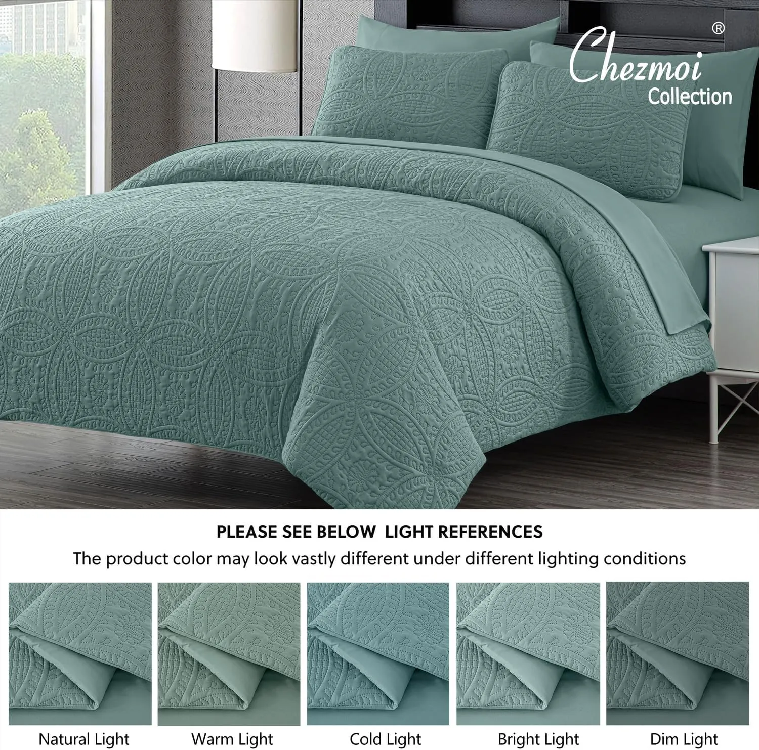 Chezmoi Collection Liam Spa Blue King Size Bed in a Bag Comforter Set - 7 Pieces Coin Pattern Lightweight Comforter with Bed Sheets, Pillowcases & Shams Bedding Set for All Seasons