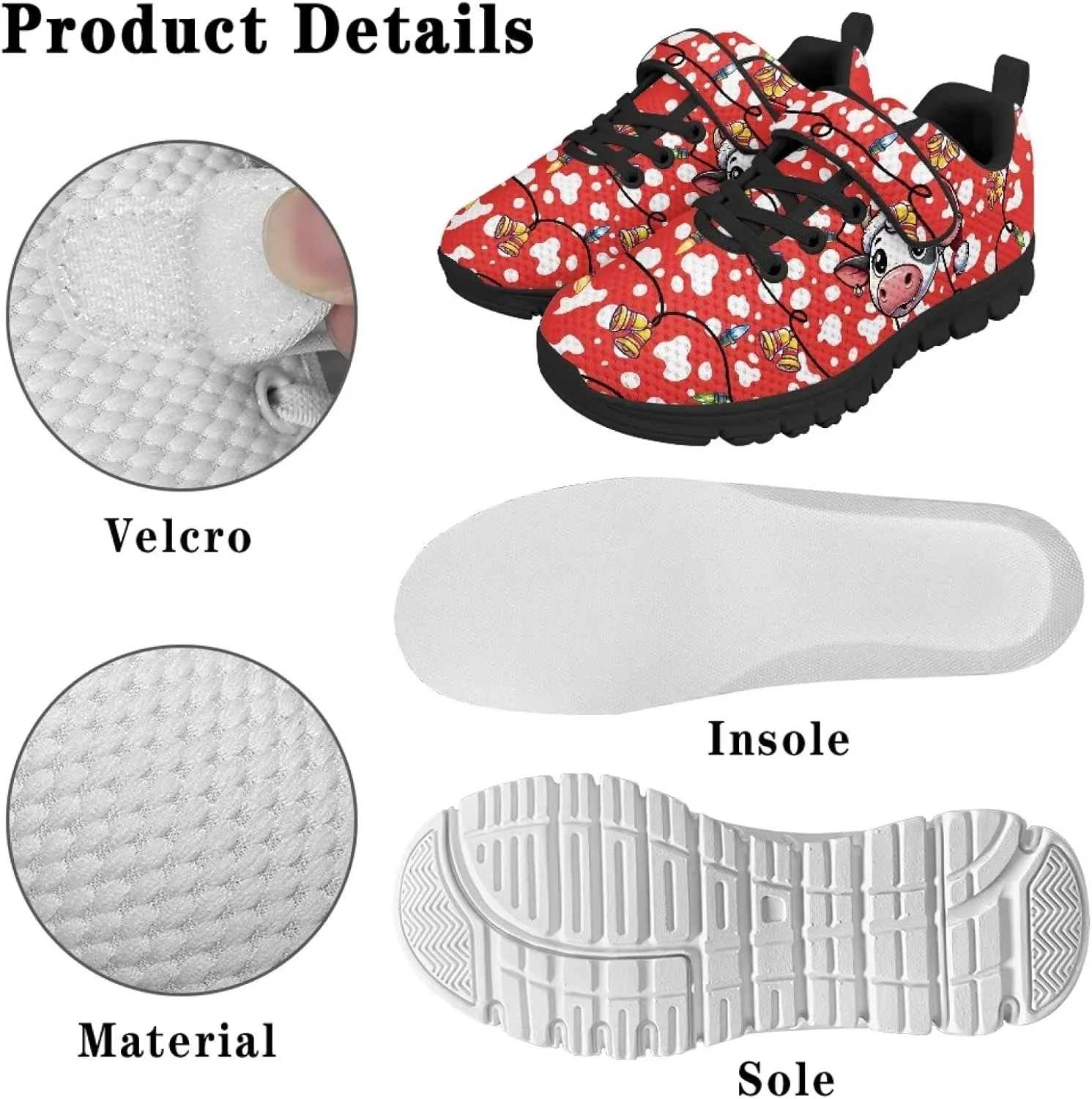 Christmas Kids Running Shoes Boys Girls Lightweight Breathable Sports Shoes Non-Slip Sneakers Hook-and-Loop Strap Shoes for Little Kid SizeUS11-15